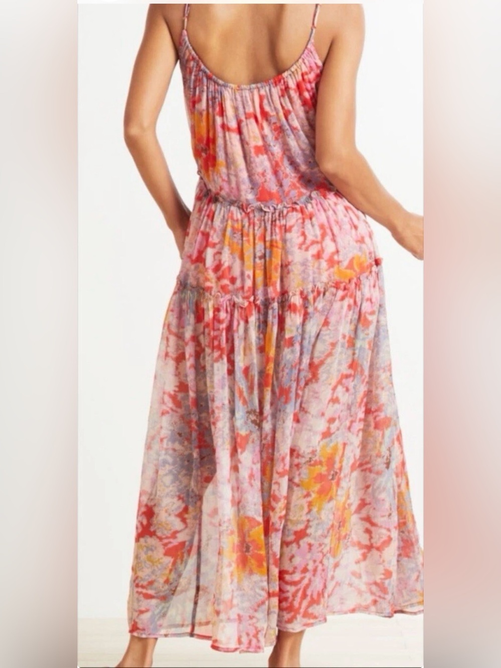 Free People Red Julianna Chiffon Maxi Dress Bohemian Summer Deep V Pockets Flowy - Picture 2 of 16